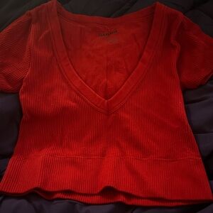Garage Red Ribbed V-Neck Top